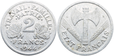ФРАНЦИЯ 2 ФРАНКА 1944 C ПРАВИТЕЛЬСТВО ВИШИ KM 904.1 алюминий 4389-1042