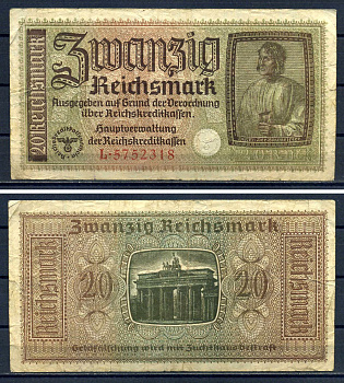 Германия 20 рейхсмарок ND (1940-1945) для оккупированных территорий Pick R139 бумага 8621-35-2-1