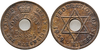 Нигерия 1 пенни 1959 Елизавета II (1952-), Британский протекторат KM 2 бронза 51-1717