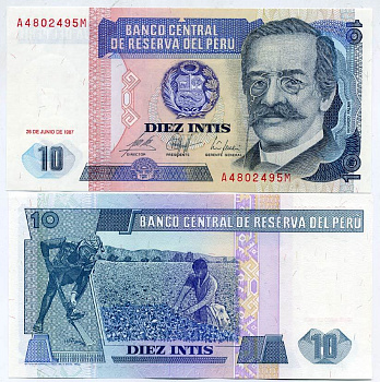 Перу 10 инти 1987 Рикардо Пальма, писатель, ученый, библиотекарь Pick 129 бумага UNC (пресс) 2192-56-2