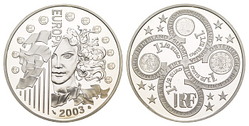 Франция 1 1/2 евро 2003 первая годовщина введения евро, в оригинальной коробке, сертификат KM 1338 серебро  PROOF  1-6-4-40