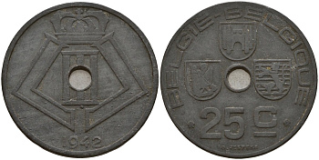 Бельгия 25 сантимов 1942 Belgie - Belgique, Леопольд III (1934-1947), германская оккупация, Вторая мировая война KM 132 цинк 4157-523