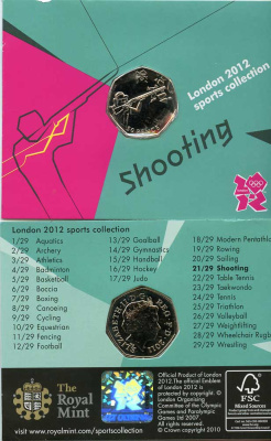 Великобритания 50 пенсов 2011 XXX летние Олимпийские игры в Лондоне в 2012 году, спортивная стрельба, в оригинальном картонном буклете, с Олимпийской голограммой (21/29) KM 1179 медно-никель  UNC  3-6-6-14