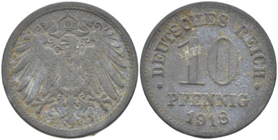 ГЕРМАНИЯ 10 ПФЕННИГОВ 1918 KM 26, J. 299 цинк 4401-133