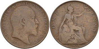 Великобритания 1 пенни 1906 Эдуард VII (1901-1910) KM 794.2, Sp 3990 бронза 4149-642