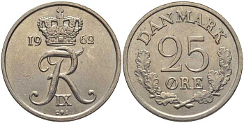 ДАНИЯ 25 ЭРЕ 1962 С;S, ФРЕДЕРИК IX (1947-1972) KM 850 медно-никель 202-727