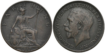 Великобритания 1 фартинг 1917 Георг V (1910-1936), темная отделка KM 808.1, Spink 4059 бронза 4548-1142