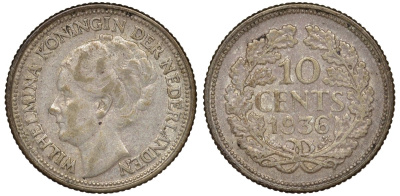 Нидерланды 10 центов 1936 Вильгельмина I (1890-1948) КМ 163 серебро 4174-144