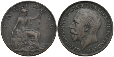 Великобритания 1 фартинг 1917 Георг V (1910-1936), темная отделка KM 808.1, Spink 4059 бронза 4548-1142