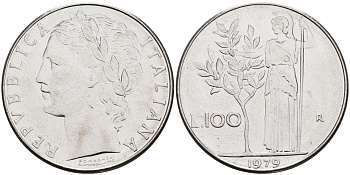 Италия 100 лир 1979 R, Афина KM 96.1 нержавеющая сталь 4117-341