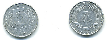 ГДР 5 ПФЕННИГОВ 1968 А KM 9.1 алюминий 59-1343