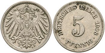 Германия 5 пфеннигов 1908 A KM 11, Jager 12, Weege 6 медно-никель 4364-4527