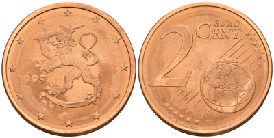 Финляндия 2 евроцента 1999  KM 99 сталь плакированная медью  UNC  4160-338