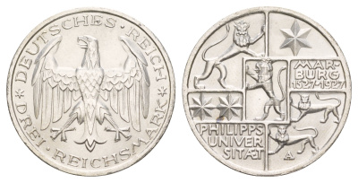 Германия 3 рейхсмарки 1927 400 лет Марбургскому университету имени Филиппа KM 53 серебро UNC 00-902-17