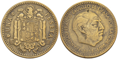 ИСПАНИЯ 1 ПЕСЕТА 1953 (62) ФРАНСИСКО ФРАНКО ДИКТАТОР ИСПАНИИ ( 1939- 1975) KM 775 алюминиевая бронза 216-553
