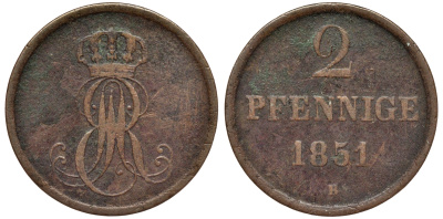 Ганновер 2 пфеннига 1851 B, Эрнст Август (1837-1851) KM 202.1, AKS 124, J. 75 медь 75-1947