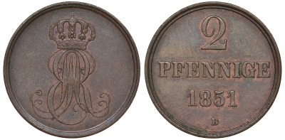 Ганновер 2 пфеннига 1851 B, Эрнст Август (1837-1851) KM 202.1, AKS 124, J. 75 медь 4681-1015