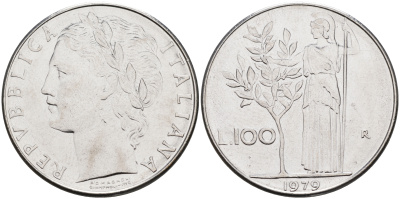 Италия 100 лир 1979 R, Афина KM 96.1 нержавеющая сталь 4117-341