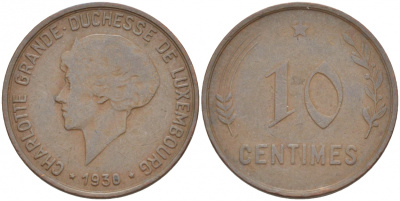 Люксембург 10 сантимов 1930 Шарлотта (1918-1964) KM 41 бронза 4548-1035