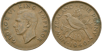 Новая Зеландия 1 пенни 1946 Птица Туи, Король Георг VI (1937 - 1952) KM 13 бронза 32-843