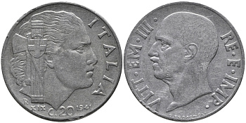 ИТАЛИЯ 20 ЧЕНТЕЗИМО 1941 R, ВИКТОР ИМАНУИЛ, XXII ГОД, МАГНИТНАЯ KM 75b нержавеющая сталь 86-1123