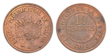 Боливия 10 сентаво 2012 KM 214 сталь плакированная медью 4664-637