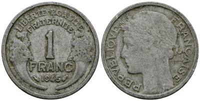 Франция 1 франк 1945 Без отметки монетного двора KM 885a алюминий 4577-627