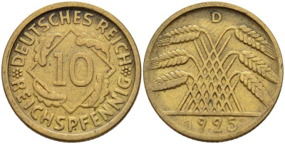 ГЕРМАНИЯ 10 РЕЙХСПФЕННИГОВ 1924 D KM 40, J. 317 алюминиевая бронза 4401-417