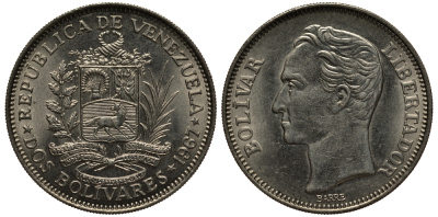 Венесуэла 2 боливара 1967 Симон Боливар KM 43 никель 4389-341