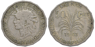 Гваделупа 50 сантимов 1903 KM 45 медно-никель 413-3645