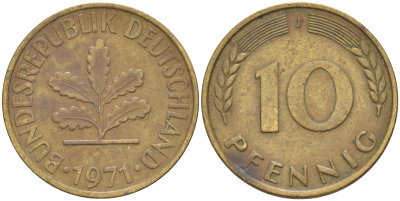 ФРГ 10 пфеннигов 1971 J KM 108, J. 383 сталь плакированная латунью 56-427