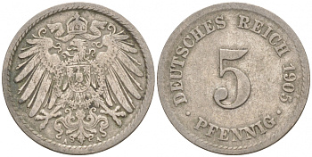 ГЕРМАНИЯ 5 ПФЕННИГОВ 1905 A, KM 11, J. 12 медно-никель 73-1757
