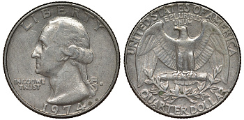 США 25 центов (квотер) 1974 Вашингтон KM 164a медь плакированная медно-никелем 4128-633