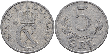 ДАНИЯ 5 ЭРЕ 1941 N ; S, КРИСТИАН X (1912-1947) KM 834 алюминий 97-1136