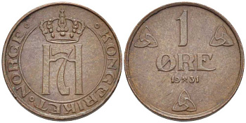 НОРВЕГИЯ 1 ЭРЕ 1931 ХОКОН VII (1905-1957) KM 367 бронза 116-1054