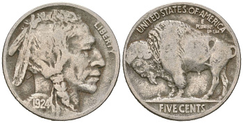 США 5 центов 1924 индеец, бизон KM 134 медно-никель 4614-1059