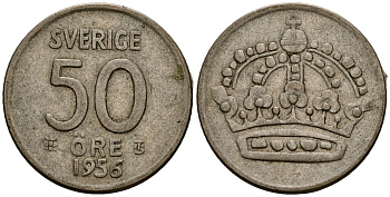 Швеция 50 эре 1956 Густав VI Адольф (1950-1973) KM 825 серебро 4177-936