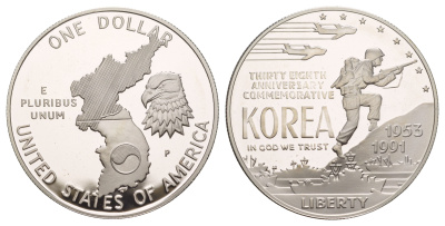 США 1 доллар 1991 P, 38 лет Корейской войне KM 231 серебро PROOF 11-255-32
