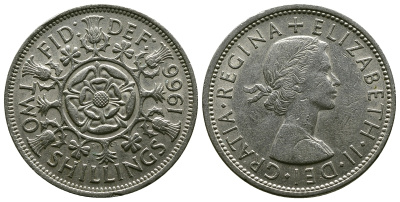 Великобритания 2 шиллинга (флорин) 1966 Елизавета II (1952-2022) KM 906, Spink 4146 медно-никель 4382-615