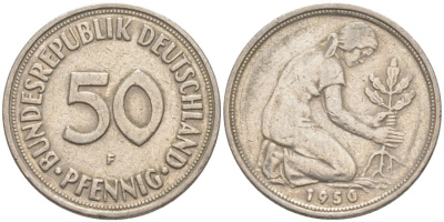 ФРГ 50 пфеннигов 1950 F J 384, KM 109.1 медно-никель 63-312