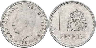Испания 1 песета 1988 M, Хуан Карлос I (1975-2014) KM 821 алюминий 4448-522