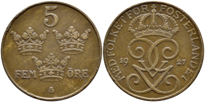 Швеция 5 эре 1927 Густав V (1907-1950), RARE KM 779.2 бронза 4394-915