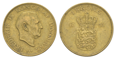 Дания 1 крона 1955 N, Фредерик IX (1947-1972) KM 837 алюминиевая бронза 4638-732