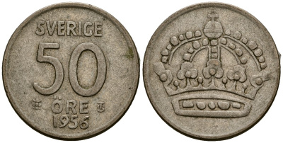 Швеция 50 эре 1956 Густав VI Адольф (1950-1973) KM 825 серебро 4177-936