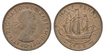 Великобритания 1/2 пенни 1965 Елизавета II (1952-2022) KM 896, Spink 4158 бронза 4662-1245