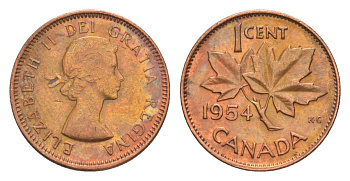 Канада 1 цент 1954 Елизавета II (1952-2022), кленовый лист KM 49 бронза 4639-269