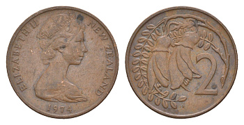 Новая Зеландия 2 цента 1974 Елизавета II (1952-2022), два цветка кохаи KM 32.1 бронза 4178-268