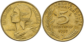 Франция 5 сантимов 1992 KM 933 алюминиевая бронза 4154-1064