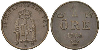 Швеция 1 эре 1904 Оскар II (1872-1907) KM 750 бронза 4611-337