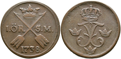 Швеция 1 эре 1738 S.M. Фредерик I (1720-1751) KM 416.1 медь 37-912